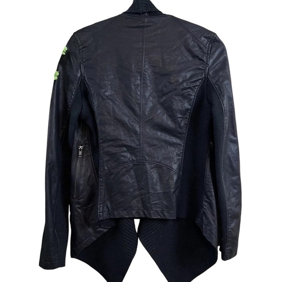 Blank NYC Faux Leather Draped Knit Open Front Zip Moto Jacket Black Size XS - Picture 2 of 8